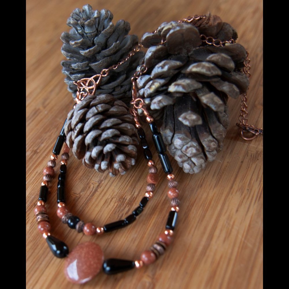 NEW Handmade- Necklace of Goldstone, Copper Tone Metal and Black Glass Beads - Picture 6 of 8